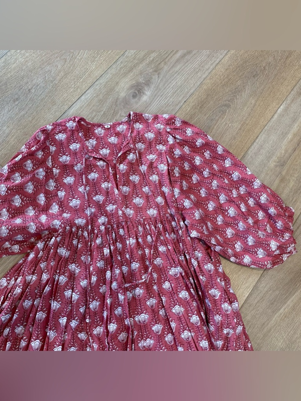 100% Cotton Block Print Raspberry Dress with Puff Sleeves - Picture 2 of 4